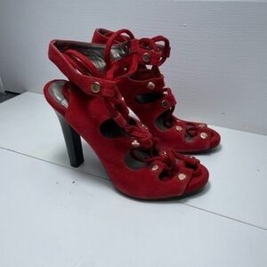 Vintage By Jeffery Campbell Red Velvet Leg Wrap Tie Heels